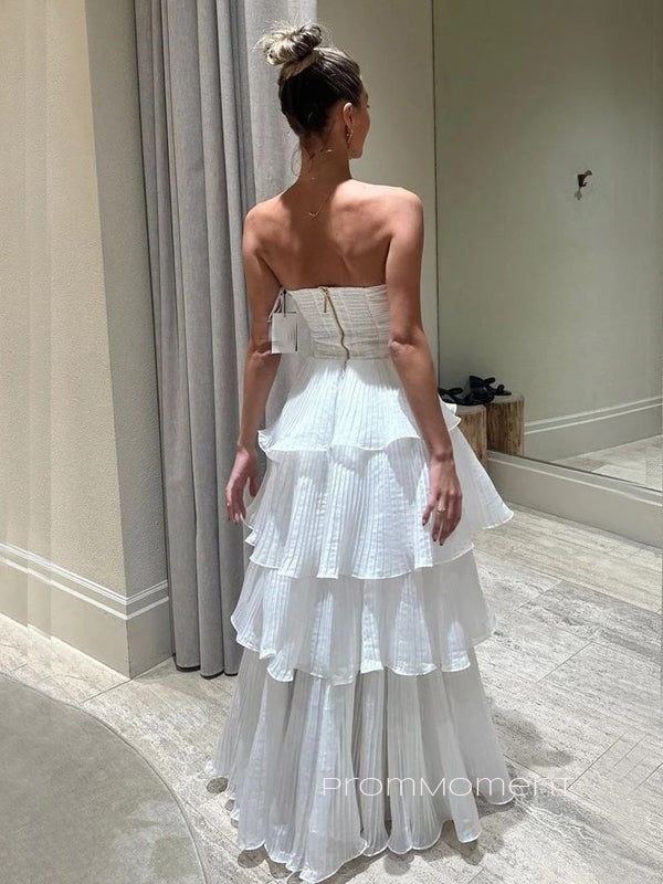 Beautiful A-line Strapless Long Evening Prom Dresses, White Chiffon Sleeveless Wedding Dress, PM0489