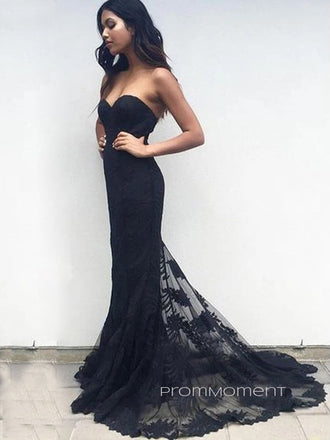 Gorgeous Black Lace Mermaid Long Evening Prom Dresses, Floor-length Strapless Sleeveless Prom Dress, PM0492