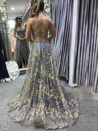 V-neck Spaghetti Straps Backless Long Evening Prom Dresses, Side Slit A-line Prom Dress, PM0494