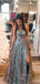 V-neck Spaghetti Straps Backless Long Evening Prom Dresses, Side Slit A-line Prom Dress, PM0494