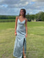 Simple V-neck Spaghetti Straps Long Evening Prom Dresses, Sleevelsee Side Slit Satin Prom Dress, PM0495