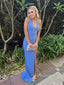 Deep V-neck High Slit Sheath Mermaid Long Evening Prom Dresses, Hakter Backless Blue Prom Dress, PM0496