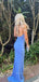 Deep V-neck High Slit Sheath Mermaid Long Evening Prom Dresses, Hakter Backless Blue Prom Dress, PM0496