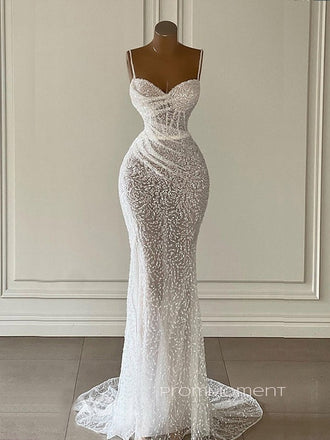 Gorgeous Sequins Spaghetti Straps V-neck Long Evening Prom Dresses, Floor-length White Wedding Dress, PM0497