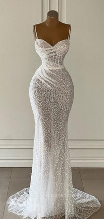 Gorgeous Sequins Spaghetti Straps V-neck Long Evening Prom Dresses, Floor-length White Wedding Dress, PM0497