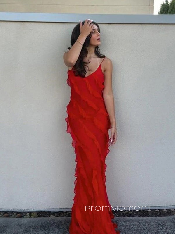 Red Spaghetti Straps Long Evening Prom Dresses, Backless Sleeveless Prom Dress, PM0498