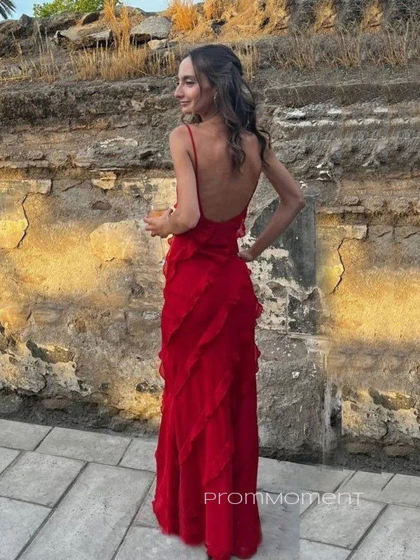 Red Spaghetti Straps Long Evening Prom Dresses, Backless Sleeveless Prom Dress, PM0498