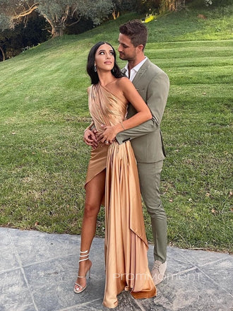 One Shoulder Gold Satin Backless Unique Long Evening Prom Dresses, PM0499