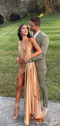 One Shoulder Gold Satin Backless Unique Long Evening Prom Dresses, PM0499
