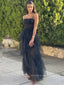 A-line Spaghetti Straps Long Evening Prom Dresses, Black Tull Unique Prom Dress, PM0500