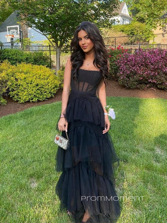 A-line Spaghetti Straps Long Evening Prom Dresses, Black Tull Unique Prom Dress, PM0500