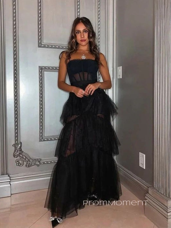 A-line Spaghetti Straps Long Evening Prom Dresses, Black Tull Unique Prom Dress, PM0500