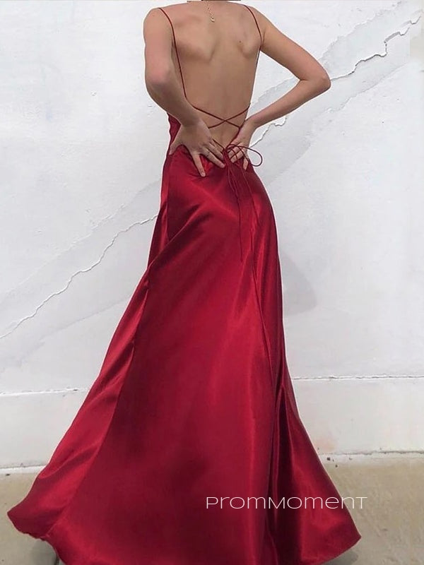 Beautiful Red Spaghetti Straps Long Evening Prom Dresses, Sexy Backless A-line Satin Prom Dress, PM0501