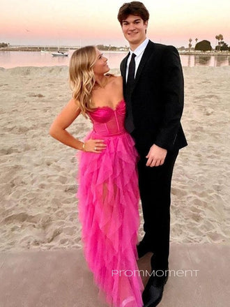 Sweetheart A-line High Slit Long Evening Prom Dresses, Hot Pink Prom Dress, PM0502