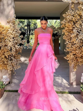 Strapless Sleeveless Hot Pink Long Evening Prom Dresses, A-line Backless Organza Prom Dress, PM0503