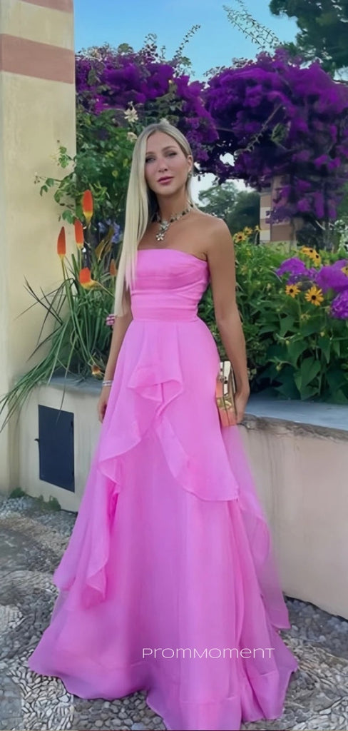 Strapless Sleeveless Hot Pink Long Evening Prom Dresses, A-line Backless Organza Prom Dress, PM0503