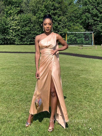 Elegant One Shoulder Gold Satin Backless Side Slit Long Evening Prom Dresses, PM0504