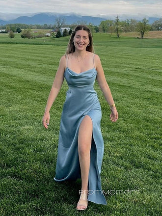 Spaghetti Straps Side Slit Long Evening Prom Dresses, Backless Sleevelsss Satin Popular Prom Dress, PM0505