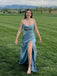 Spaghetti Straps Side Slit Long Evening Prom Dresses, Backless Sleevelsss Satin Popular Prom Dress, PM0505
