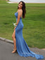 Side Slit Spaghetti Straps Mermaid Long Evening Prom Dresses, Backless V-neck Prom Dress, PM0507