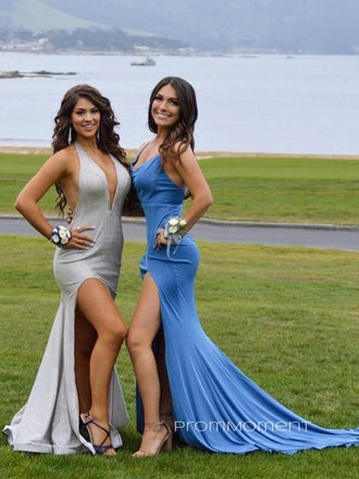 Side Slit Spaghetti Straps Mermaid Long Evening Prom Dresses, Backless V-neck Prom Dress, PM0507