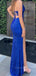 V-neck Sequins Mermaid Royal Bule Backless Side Slit Long Evening Prom Dresses, PM0512
