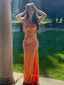 Deep V-neck Spaghetti Straps Long Evening Prom Dresses, Orange Sequins Side Slit Backless Prom Dress, PM0514