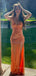 Deep V-neck Spaghetti Straps Long Evening Prom Dresses, Orange Sequins Side Slit Backless Prom Dress, PM0514