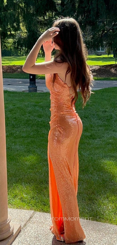 Deep V-neck Spaghetti Straps Long Evening Prom Dresses, Orange Sequins Side Slit Backless Prom Dress, PM0514