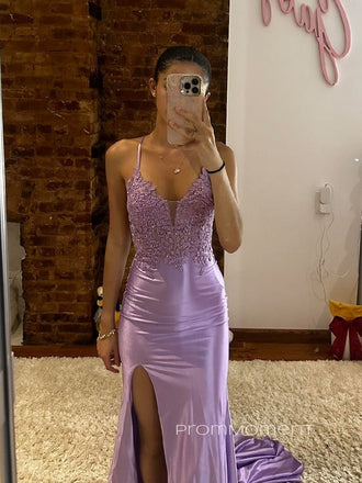 Beautiful Spaghetti Straps Mermaid Long Evening Prom Dresses, V-neck Floor-length Appliques Satin Prom Dress, PM0515