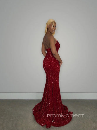 Sparkly Sequins Mermaid Long Evening Prom Dresses, Strapless Backless Red Prom Dress, PM0516