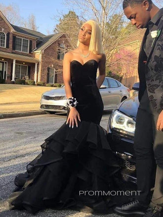 Unique Black Mermaid Long Evening Prom Dresses, Strapless Sleeveless Prom Dress, PM0518