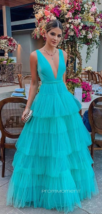 Deep V-neck A-line Straps Long Evening Prom Dresses, Sleeveless Backless Prom Dress, PM0519