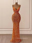 Sparkly Sequins Orange Mermaid Long Evening Prom Dresses, Spaghetti Straps Sheath Sleeveless Prom Dress, PM0520