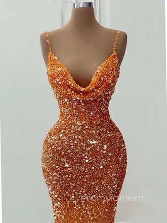 Sparkly Sequins Orange Mermaid Long Evening Prom Dresses, Spaghetti Straps Sheath Sleeveless Prom Dress, PM0520