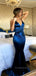 Sexy Deep V-neck Spaghetti Straps Long Evening Prom Dresses, Mermaid Satin Sheath Navy Blue Prom Dress, PM0522