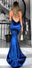 Sexy Deep V-neck Spaghetti Straps Long Evening Prom Dresses, Mermaid Satin Sheath Navy Blue Prom Dress, PM0522