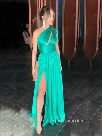 One Shoulder Side Slit A-line Long Evening Prom Dresses,Sleeveless Backless Prom Dress, PM0524