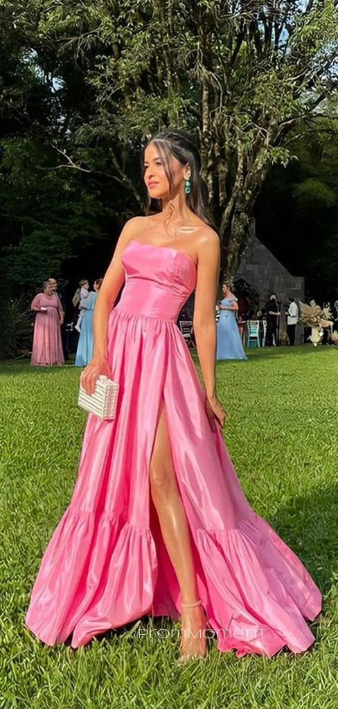 Hot Pink A-line High Slit  Long Evening Prom Dresses, Strapless Sleeveless Prom Dress, PM0532