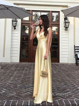 Formal V-neck Sleeveless Straps Long Evening Prom Dresses, A-line Backless Satin Prom Dress, PM0535