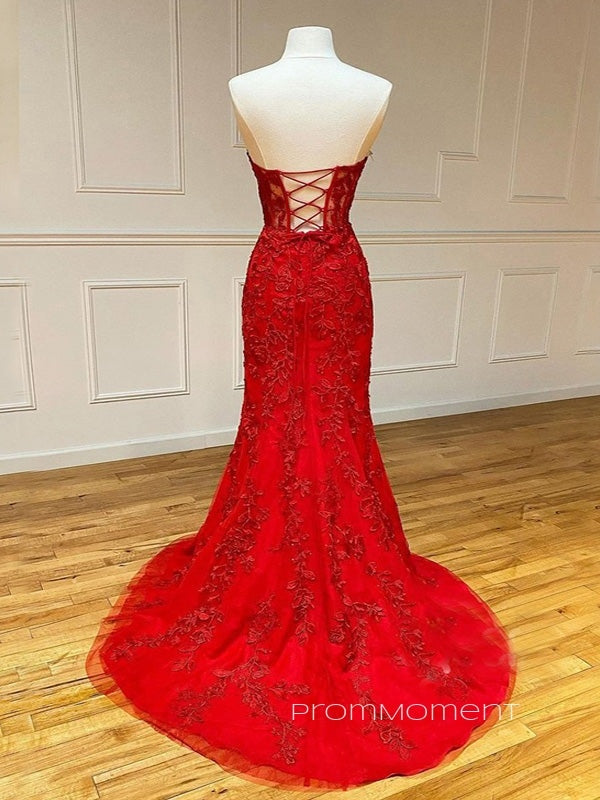 Red Sweetheart Mermaid Long Evening Prom Dresses, Appliques Floor-length Prom Dress, PM0537