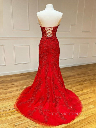 Red Sweetheart Mermaid Long Evening Prom Dresses, Appliques Floor-length Prom Dress, PM0537