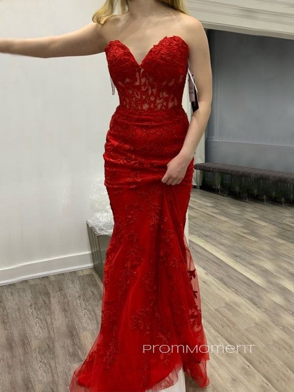 Red Sweetheart Mermaid Long Evening Prom Dresses, Appliques Floor-length Prom Dress, PM0537