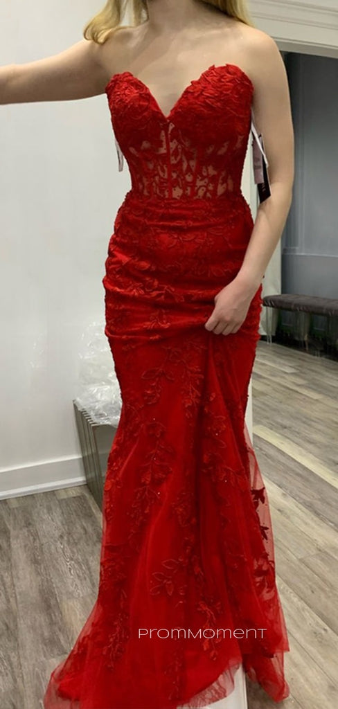 Red Sweetheart Mermaid Long Evening Prom Dresses, Appliques Floor-length Prom Dress, PM0537