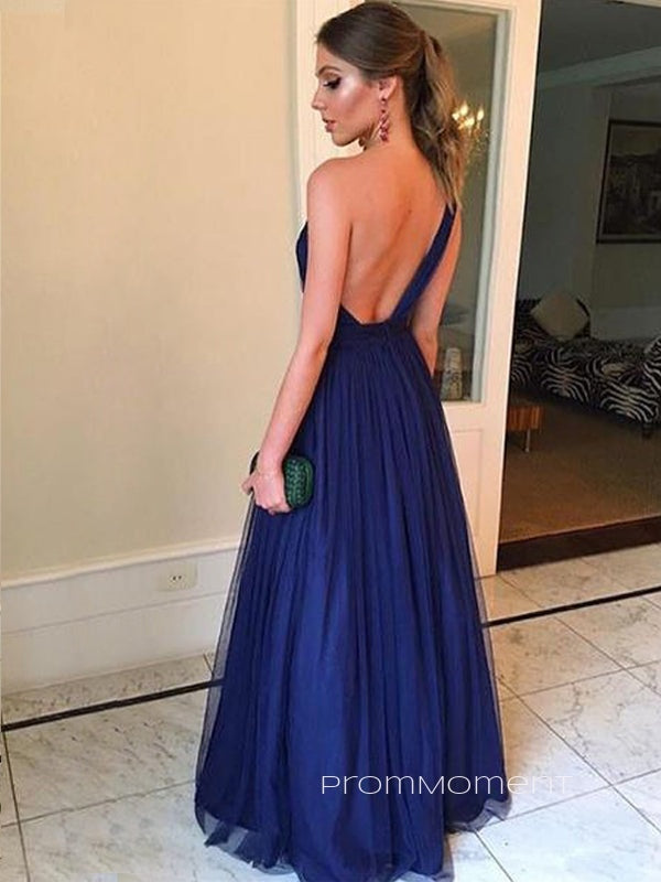 One Shoulder Backless Long Evening Prom Dresses, A-line Navy Blue Prom Dress, PM0538