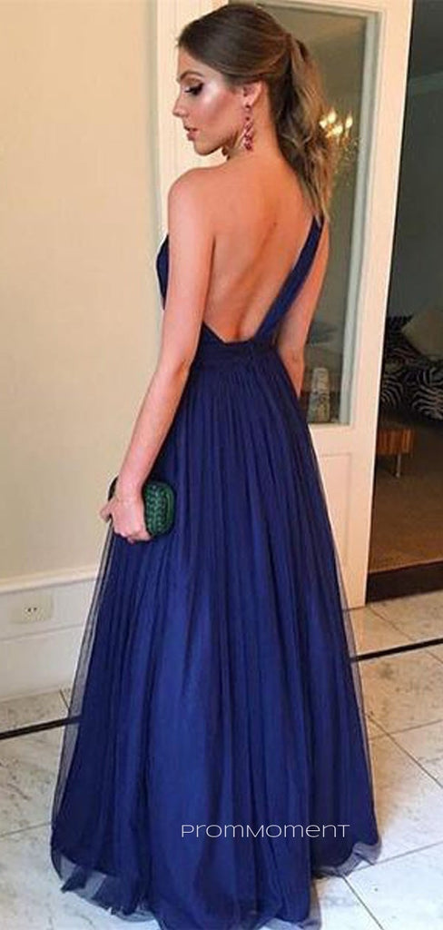 One Shoulder Backless Long Evening Prom Dresses, A-line Navy Blue Prom Dress, PM0538