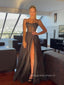 High Slit A-line Spaghetti Straps Long Evening Prom Dresses, Sweetheart Sparkly Tulle Prom Dress, PM0540