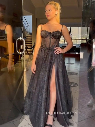 High Slit A-line Spaghetti Straps Long Evening Prom Dresses, Sweetheart Sparkly Tulle Prom Dress, PM0540