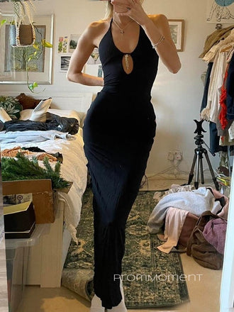 Black Backless Mermaid Long Evening Prom Dresses, Halter V-neck Prom Dress, PM0546