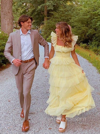 Beautiful A-line Yellow Tulle Long Evening Prom Dresses, PM0549